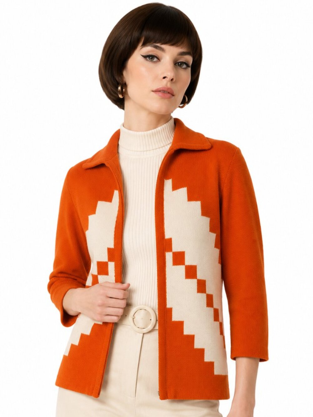Vintage 60s Mod Diamond Knit Cardigan Sweater Orange Small